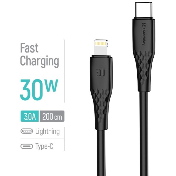 Фото - Кабель Colorway Type-C - Apple Lightning (textured PVC) (PD Fast Charging 30W) 2м Black (CW-CBPDCL095-BK)